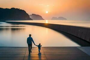 a man and child walking along a pier at sunset. AI-Generated photo