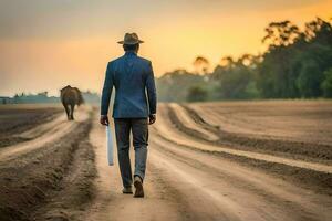 a man in a suit walks down a dirt road with an elephant in the background. AI-Generated photo