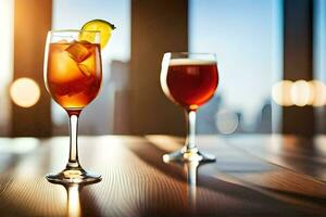 dos lentes de alcohol sentar en un mesa en frente de un ciudad horizonte. generado por ai foto