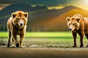 dos leones caminando en el campo a puesta de sol. generado por ai foto