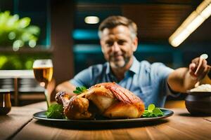 a man is holding a plate of roasted chicken. AI-Generated photo