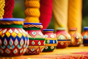 colorful vases are lined up on a table. AI-Generated photo
