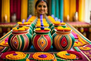 a woman is sitting in front of colorful pots. AI-Generated photo