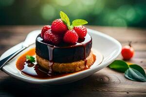 a dessert with chocolate sauce and raspberries on a plate. AI-Generated photo