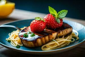a plate of spaghetti with a grilled salmon and strawberries. AI-Generated photo