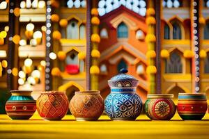a row of colorful vases lined up in front of a building. AI-Generated photo