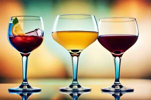 three glasses of wine with different colors. AI-Generated photo