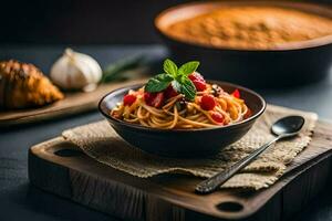 espaguetis con tomate y albahaca en un de madera corte tablero. generado por ai foto