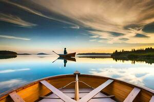 un hombre en un barco en un calma lago a puesta de sol. generado por ai foto