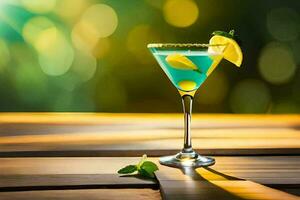 blue cocktail with lemon and mint on a wooden table. AI-Generated photo