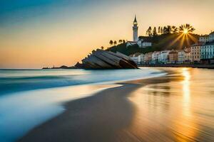 el Dom conjuntos terminado un playa con un faro. generado por ai foto