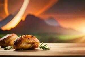 two pieces of chicken on a wooden table with a sunset in the background. AI-Generated photo