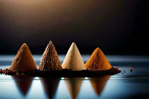 three different types of spices are shown on a black surface. AI-Generated photo