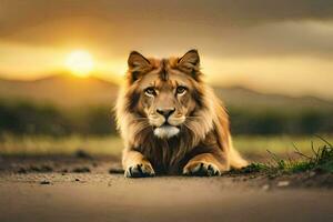 a lion sitting on the road at sunset. AI-Generated photo