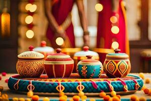 indian wedding decorations with colorful pots and bowls. AI-Generated photo