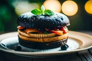 a chocolate cake with berries and mint on a plate. AI-Generated photo