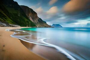 un largo exposición fotografía de un playa y montañas. generado por ai foto