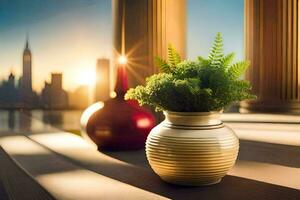 a vase with a plant in front of a city skyline. AI-Generated photo