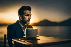 un hombre en un traje sentado a un mesa con un taza de café. generado por ai foto