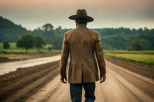 un hombre en un sombrero y Saco caminando abajo un suciedad la carretera. generado por ai foto