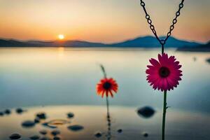 two flowers are sitting on the shore of a lake. AI-Generated photo