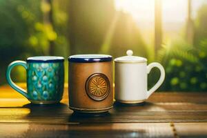 three coffee mugs on a wooden table. AI-Generated photo