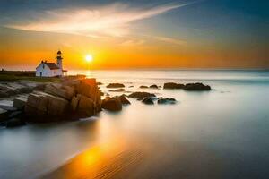 un faro se sienta en el rocas a puesta de sol. generado por ai foto