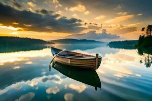 a boat is floating on a calm lake at sunset. AI-Generated photo