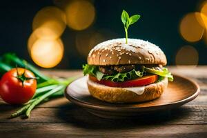 a hamburger with lettuce and tomato on a wooden plate. AI-Generated photo