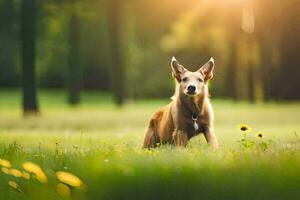 un perro es en pie en el césped en el Dom. generado por ai foto