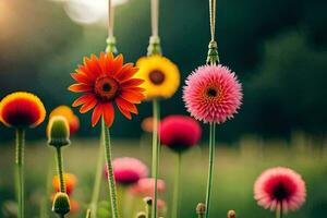 vistoso flores colgando desde un cuerda en un campo. generado por ai foto