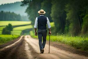 un hombre caminando abajo un suciedad la carretera con un caña. generado por ai foto