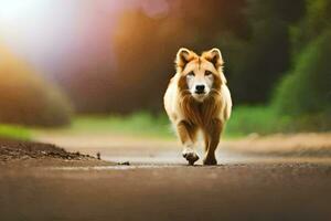 un perro caminando en un la carretera en el medio de el día. generado por ai foto