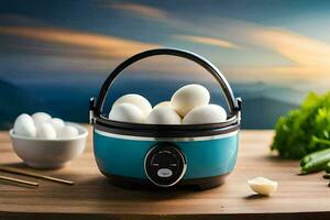 an electric rice cooker with eggs in it. AI-Generated photo