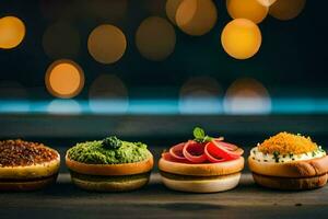 a row of small sandwiches on a wooden table. AI-Generated photo