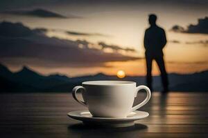 un hombre soportes en frente de un café taza y platillo. generado por ai foto