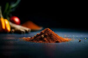 a pile of spices on a dark table. AI-Generated photo