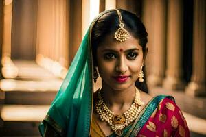 a beautiful indian woman wearing a sari and jewelry. AI-Generated photo