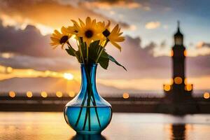 sunflowers in a blue vase on a table with a sunset in the background. AI-Generated photo