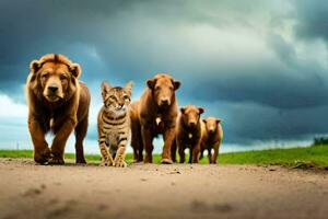 a cat walking with a group of lions. AI-Generated photo