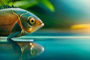 a fish is standing on the water with a green background. AI-Generated photo