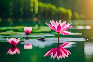 rosado loto flores en el agua con verde hojas. generado por ai foto
