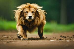 un león caminando en un suciedad la carretera. generado por ai foto