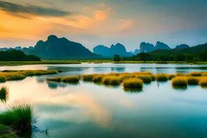 the sunrise over the li river in china. AI-Generated photo