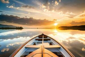 a boat on a calm lake at sunset. AI-Generated photo