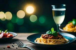 spaghetti with meat sauce and vegetables on a wooden table. AI-Generated photo