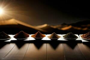 five different spices are arranged in a row on a table. AI-Generated photo