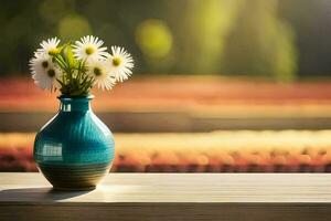 a blue vase with white flowers sitting on a table. AI-Generated photo