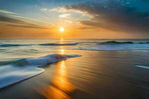 amanecer en el playa, ondas, océano, amanecer, el océano, amanecer, el playa. generado por ai foto