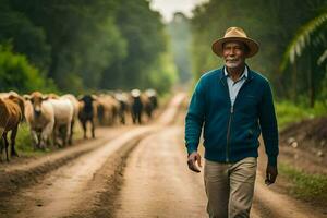 an older man walking down a dirt road with cows. AI-Generated photo